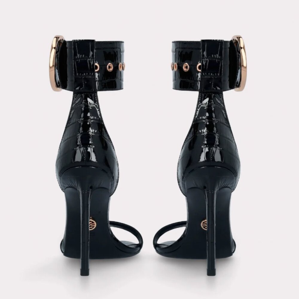 ADELE 01 BLACK PATENT CROCO EMBOSSED LEATHER SANDALS - Picture 3 of 3
